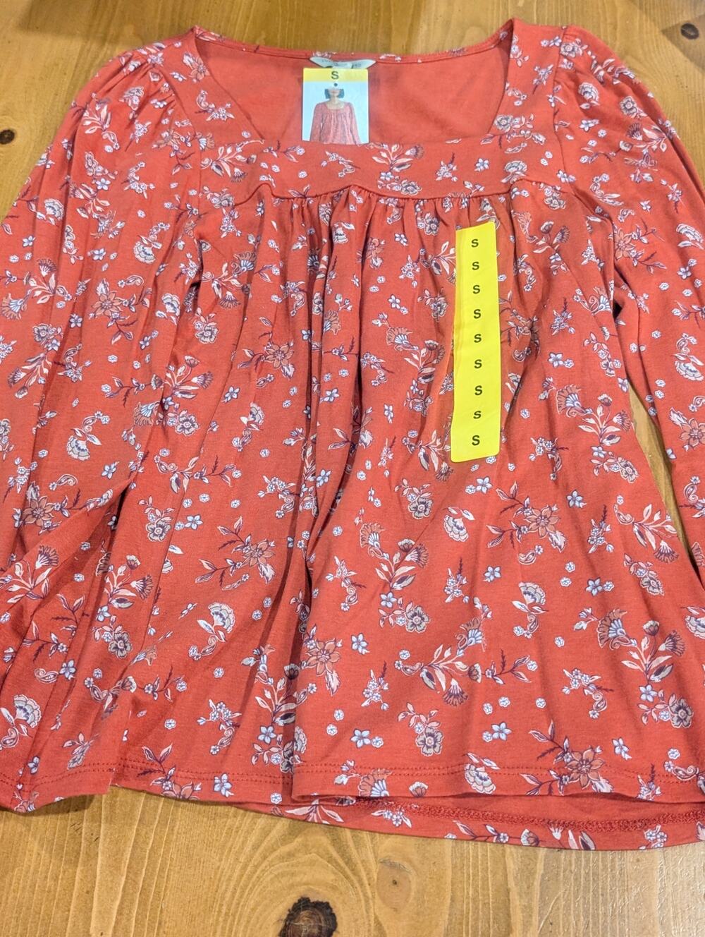 Lucky Brand Peasant Top, NWT, Women's Small, Rust, Floral